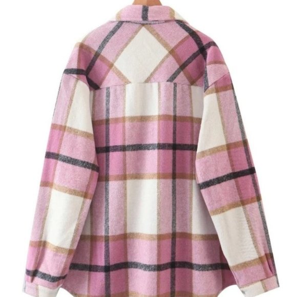 Casual Plaid Flap Pocket detailed button down pink Overshirt - Picture 13 of 16